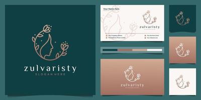 Luxury woman's face flower with line art style logo and business card design. feminine design concept for beauty salon, massage, cosmetic and spa. vector