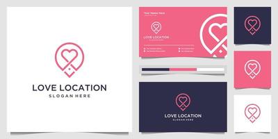 la ubicación del amor creativo combina el corazón y el pin con el estilo de arte de línea conceptual. diseño de logotipo y tarjeta de visita vector