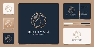 Feminine logo design with beauty women face and abstract flower branch logo template. vector