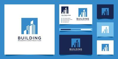 diseño de logotipo de construcción con concepto moderno. resumen de construcción de edificios de la ciudad para la inspiración del diseño del logotipo. diseño de logotipo y vector premium de tarjeta de visita