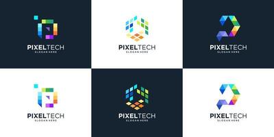 conjunto de letra p abstracta con diseño de logotipo de concepto de tecnología de píxeles vector