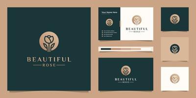 Minimalist elegant flower rose luxury beauty salon, fashion, skincare, cosmetic, yoga and spa products. logo design and business card Premium Vector