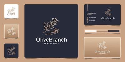 Luxury line combine hand and flower branch with business card for beauty, natural and organic products, cosmetics, spa and wellness, fashion. vector