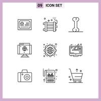 Pack of 9 creative Outlines of worldwide global infrastructure party bomb technology internet Editable Vector Design Elements