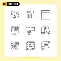 9 User Interface Outline Pack of modern Signs and Symbols of lamp roller grid pattern security Editable Vector Design Elements