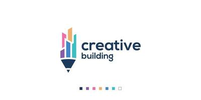 Creative building logo design vector template, modern logo concept pencil and building.