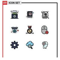 Group of 9 Modern Filledline Flat Colors Set for medal security camera data security camera Editable Vector Design Elements