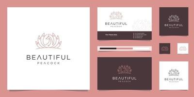 logo design beautiful peacock and business card template. minimalist luxury fashion line designs, jewelry, salon, spa. vector