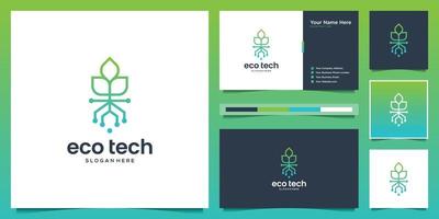 Minimalist tree tech logo design template. creative idea logo leaf and data dot with business card. vector