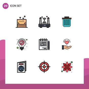 User Interface Pack of 9 Basic Filledline Flat Colors of heart bulb trash office container Editable Vector Design Elements