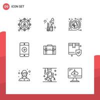 Group of 9 Outlines Signs and Symbols for case briefcase marketing play phone Editable Vector Design Elements