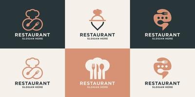 Set of creative restaurant logo design template. Food logo with combine icons infinity, pin location, talk, chef hat, fork, spoon. vector