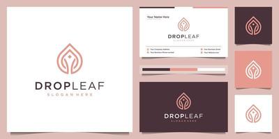 Drop leaf logo design and business card. luxury logo oil with leaf liner concept vector
