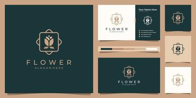 elegante flor rosa belleza diseño de logotipo dorado y tarjeta de visita vector