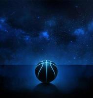 black basketball with bright blue glowing neon lines on stars background with smoke. 3d render