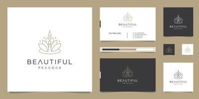 diseño de logotipo hermoso pavo real y plantilla de tarjeta de visita. Diseños minimalistas de línea de moda de lujo, joyería, salón, spa.