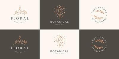 Set collection minimalist floral and leaf logo design feminine luxury line art. vector