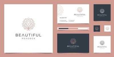 diseño de logotipo hermoso pavo real y plantilla de tarjeta de visita. Diseños minimalistas de línea de moda de lujo, joyería, salón, spa.