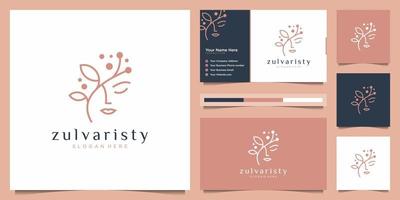 women face with flower logo design and business card. natural women logo for beauty salon, spa, cosmetic, and skin care. vector