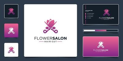 Beauty flower and scissor logo for salon logo with business card template vector