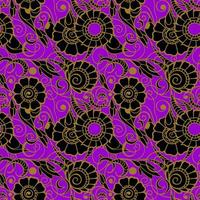 seamless pattern of large black flowers with a golden outline on a purple background, texture, design photo