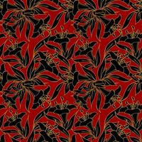 seamless pattern of large black flowers with a golden outline on a red background, texture, design photo