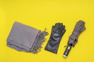 bufanda, guantes, paraguas sobre fondo amarillo