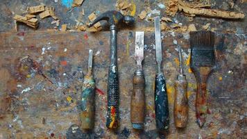 Old woodworking tools stained with paint on work table splattered with paint photo