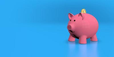 pink piggy bank with a gold coin going inside on a shiny blue surface. 3D Illustration photo