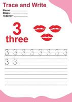 Trace and write number for children. Exercise for children to recognize the number. Educational worksheet for preschool. Valentine theme. Vector file.