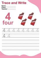 Trace and write number for children. Exercise for children to recognize the number. Educational worksheet for preschool. Valentine theme. Vector file.