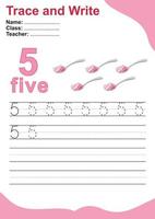 Trace and write number for children. Exercise for children to recognize the number. Educational worksheet for preschool. Valentine theme. Vector file.