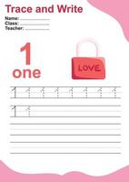 Trace and write number for children. Exercise for children to recognize the number. Educational worksheet for preschool. Valentine theme. Vector file.