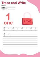 Trace and write number for children. Exercise for children to recognize the number. Educational worksheet for preschool. Valentine theme. Vector file.