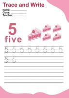 Trace and write number for children. Exercise for children to recognize the number. Educational worksheet for preschool. Valentine theme. Vector file.