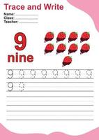 Trace and write number for children. Exercise for children to recognize the number. Educational worksheet for preschool. Valentine theme. Vector file.