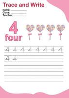 Trace and write number for children. Exercise for children to recognize the number. Educational worksheet for preschool. Valentine theme. Vector file.