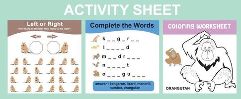 Educational printable worksheet. Activity sheet for children with animal theme. Coloring sheet, counting left or right animals, complete the words activity. Vector file.