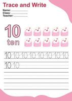 Trace and write number for children. Exercise for children to recognize the number. Educational worksheet for preschool. Valentine theme. Vector file.