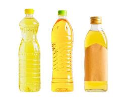 Vegetable oil glass bottle isolated on white background with clipping path, organic healthy food for cooking. photo