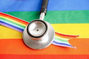 LGBT symbol, Stethoscope with rainbow ribbon, rights and gender equality, LGBT Pride Month in June. photo