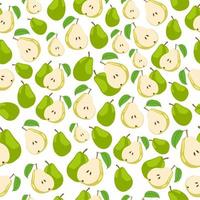 Green and yellow pears on seamless background. Pattern, textile, fabric, print or wrapping paper. Juicy fruit. Green leaf's. vector
