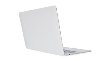 Rear view of silver Laptop in angled position. mockup isolated on white background, mockup template, with clipping path. photo