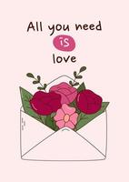 Valentine's Day greeting card with a love letter and bouquets of flowers. Vector illustration