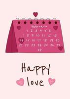 tarjeta de felicitación del día de san valentín con calendario. ilustración vectorial vector