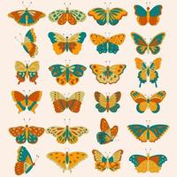conjunto de mariposas hippie retro de los años 60 y 70 para tarjetas, pegatinas o diseño de afiches. ilustración vectorial plana vector