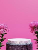 Simple minimalist circle ceramic stone podium and pink wall with pink flower tree, 3d render photo