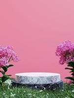 podio de piedra de cerámica de círculo minimalista simple y pared rosa con árboles de flores rosas y hierba, presentación 3d foto