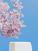 Simple minimalist stone square podium and blue wall with cherry blossom trees, 3d render photo