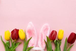 beautiful tulips, decorated Easter eggs and bunny ears on color pink background, top view photo